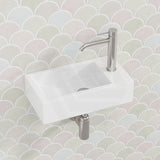 Lukka Crete Fine Ceramic Wall Hung Mini Basin No Overflow Left / Right Hand Side Tap Hole 450x250x120mm - Gloss White