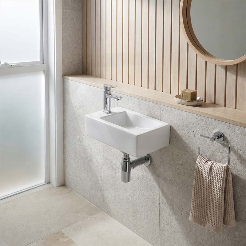 Lukka Crete Fine Ceramic Wall Hung Mini Basin No Overflow Left / Right Hand Side Tap Hole 450x250x120mm - Gloss White