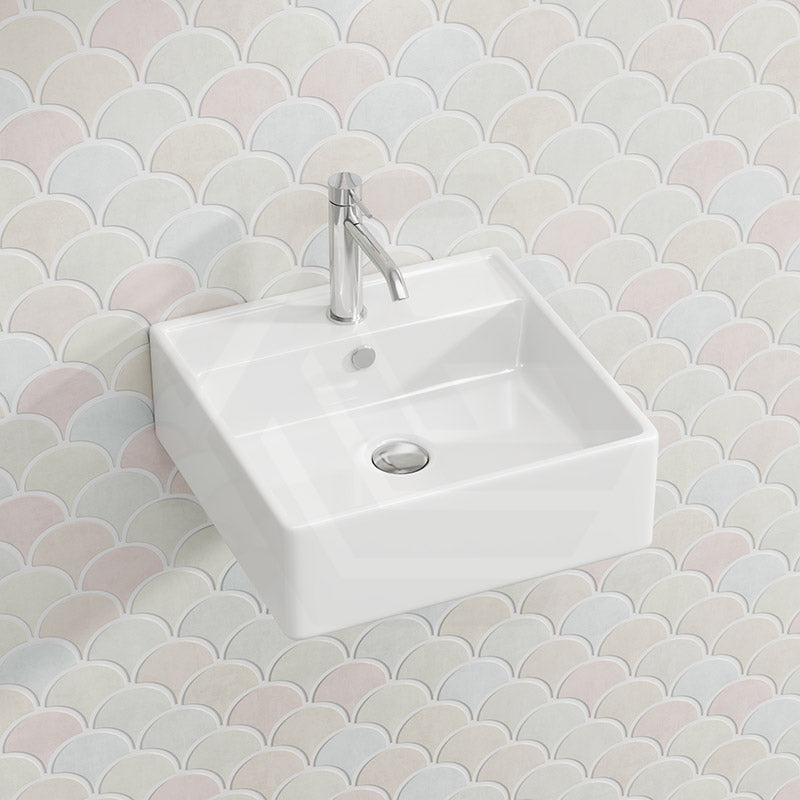 Lukka Crete Ceramic Wall Hung/Above Counter Basin with Overflow and Tap Hole 470x463x165mm - Gloss White