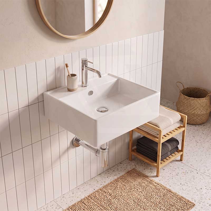 Lukka Crete Ceramic Wall Hung/Above Counter Basin with Overflow and Tap Hole 470x463x165mm - Gloss White