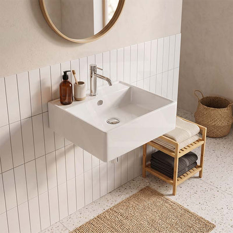 Lukka Crete Ceramic Wall Hung/Above Counter Basin with Overflow and Tap Hole 470x463x165mm - Gloss White
