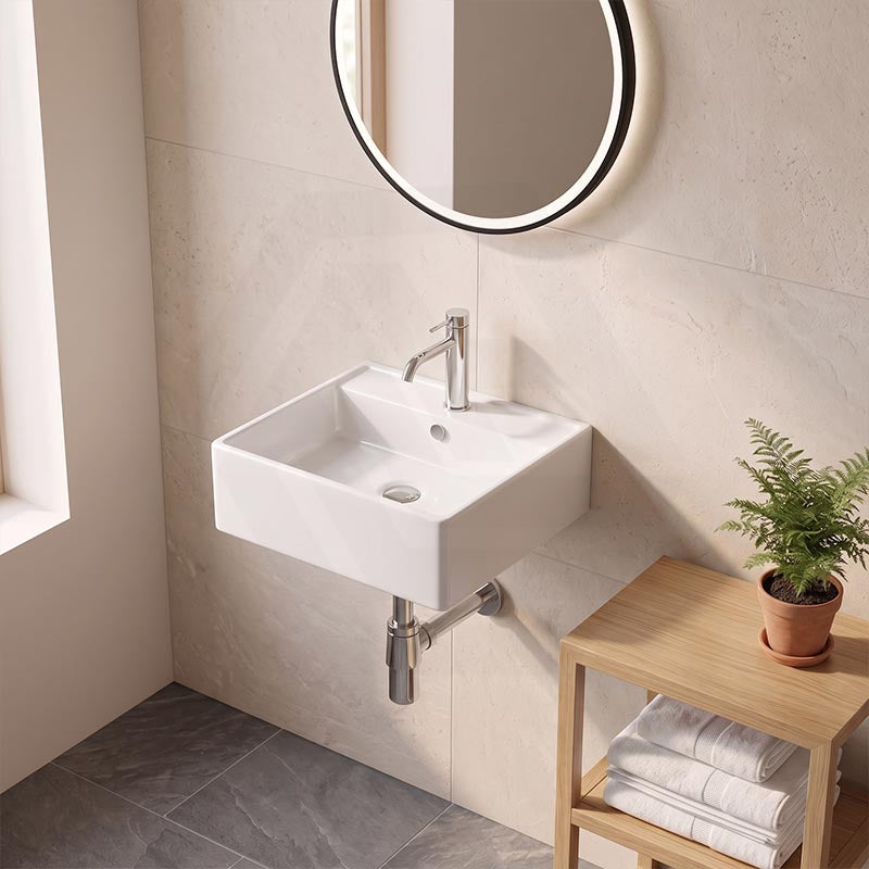 Lukka Crete Ceramic Wall Hung/Above Counter Basin with Overflow and Tap Hole 470x463x165mm - Gloss White