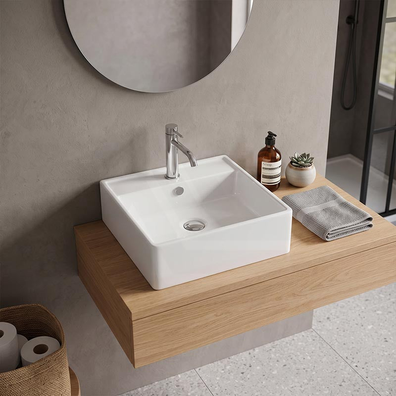 Lukka Crete Ceramic Wall Hung/Above Counter Basin with Overflow and Tap Hole 470x463x165mm - Gloss White