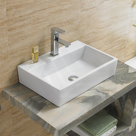 530x360x120mm Lukka Crete Ceramic Rectangle Gloss White Wall Hung/Above Counter Basin With Tap Hole
