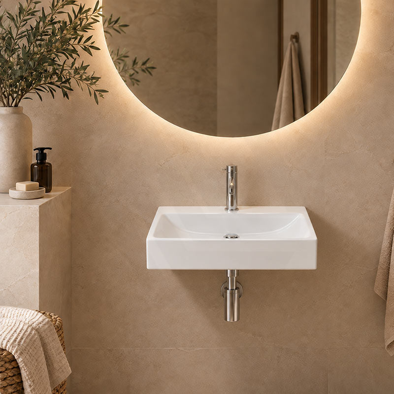 Lukka Crete Ceramic Rectangle Wall Hung/Above Counter Basin With Tap Hole 530x360x120mm - Gloss White