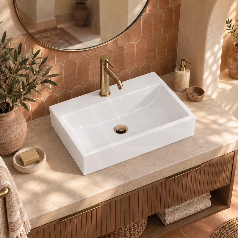 Lukka Crete Ceramic Rectangle Wall Hung/Above Counter Basin With Tap Hole 530x360x120mm - Gloss White