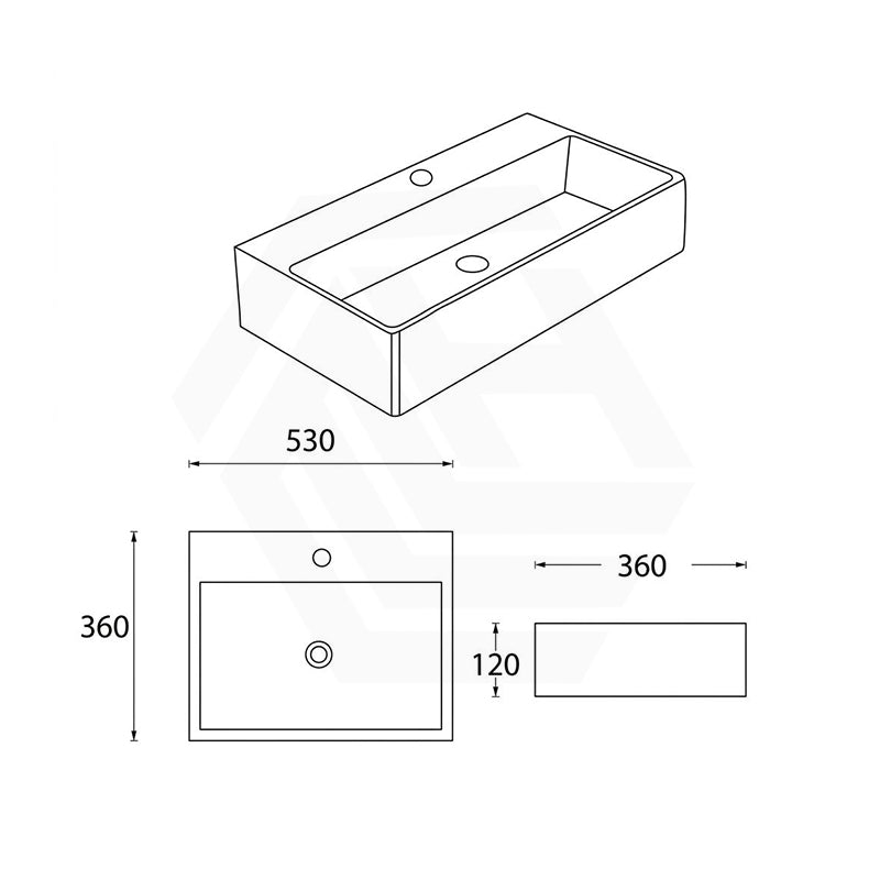 530x360x120mm Lukka Crete Ceramic Rectangle Gloss White Wall Hung/Above Counter Basin With Tap Hole