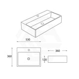 530x360x120mm Lukka Crete Ceramic Rectangle Gloss White Wall Hung/Above Counter Basin With Tap Hole