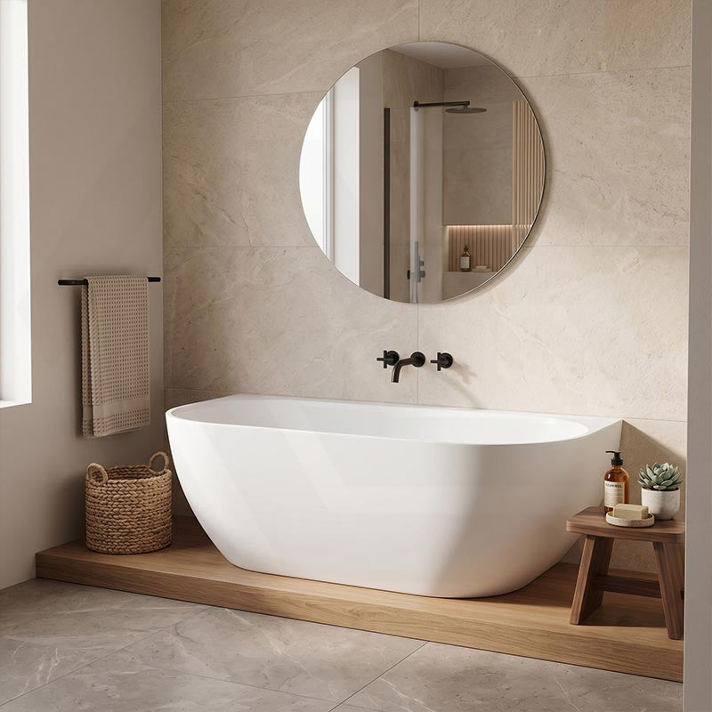 Lukka Ellips Acrylic Back To Wall Bathtub Overflow Available 1500x770x550/1700x800x550mm -  Gloss/Matt White