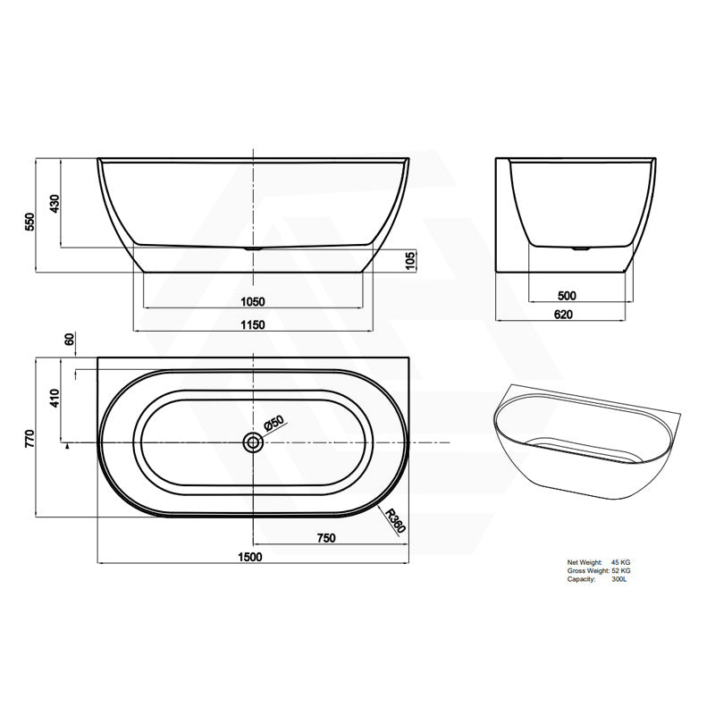 Lukka Ellips Acrylic Back To Wall Bathtub Overflow Available 1500x770x550/1700x800x550mm -  Gloss/Matt White