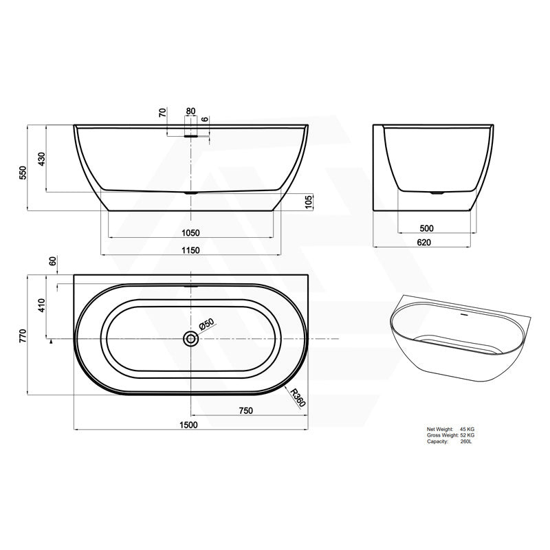 Lukka Ellips Acrylic Back To Wall Bathtub Overflow Available 1500x770x550/1700x800x550mm -  Gloss/Matt White