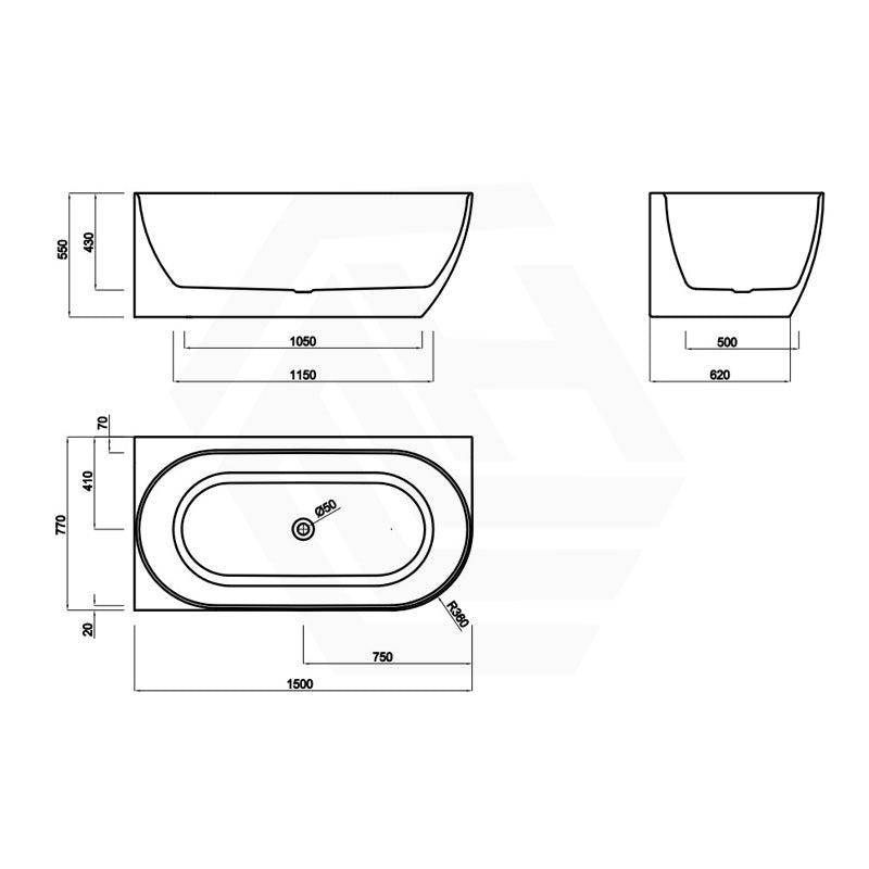 Lukka Ellips Acrylic Left/Right Corner Bathtub with Overflow 1500/1700mm - Gloss/Matt White
