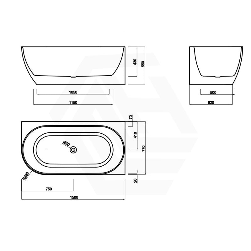 Lukka Ellips Acrylic Left/Right Corner Bathtub with Overflow 1500/1700mm - Gloss/Matt White