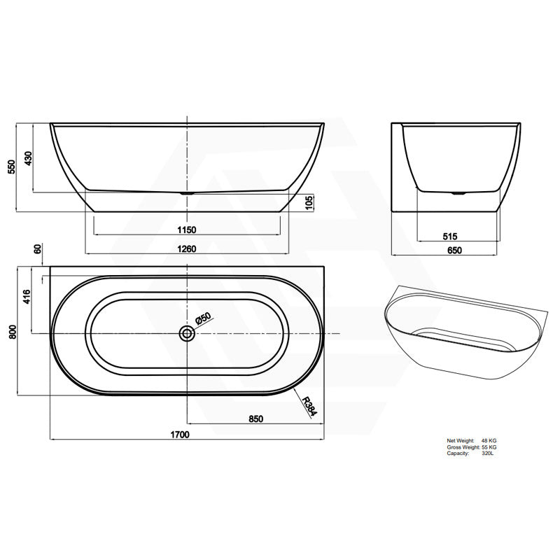 Lukka Ellips Acrylic Back To Wall Bathtub Overflow Available 1500x770x550/1700x800x550mm -  Gloss/Matt White