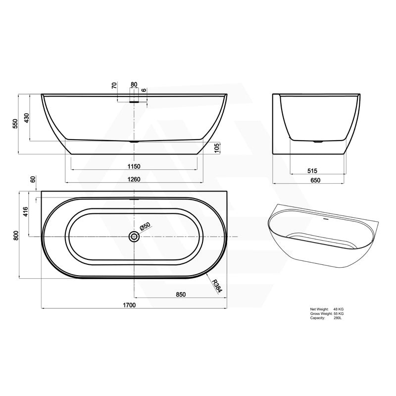Lukka Ellips Acrylic Back To Wall Bathtub Overflow Available 1500x770x550/1700x800x550mm -  Gloss/Matt White