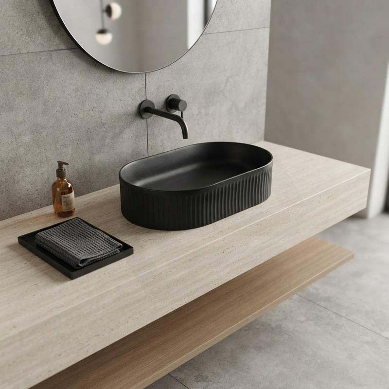 Lukka Ellips Flueted Oval Above Counter Ceramic Basin 490/575mm - Variant Colour Available