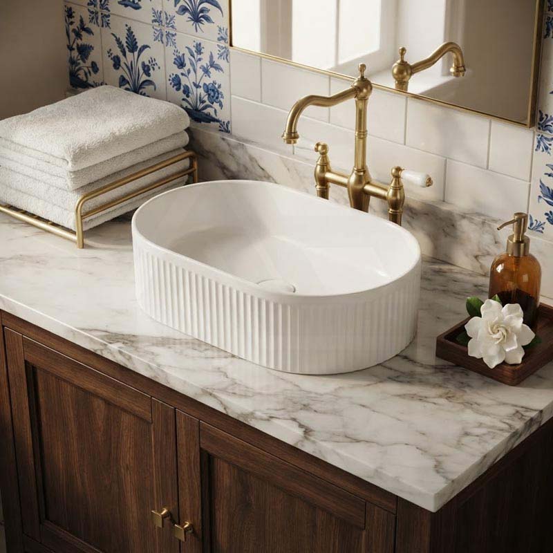 Lukka Ellips Flueted Oval Above Counter Ceramic Basin 490/575mm - Variant Colour Available