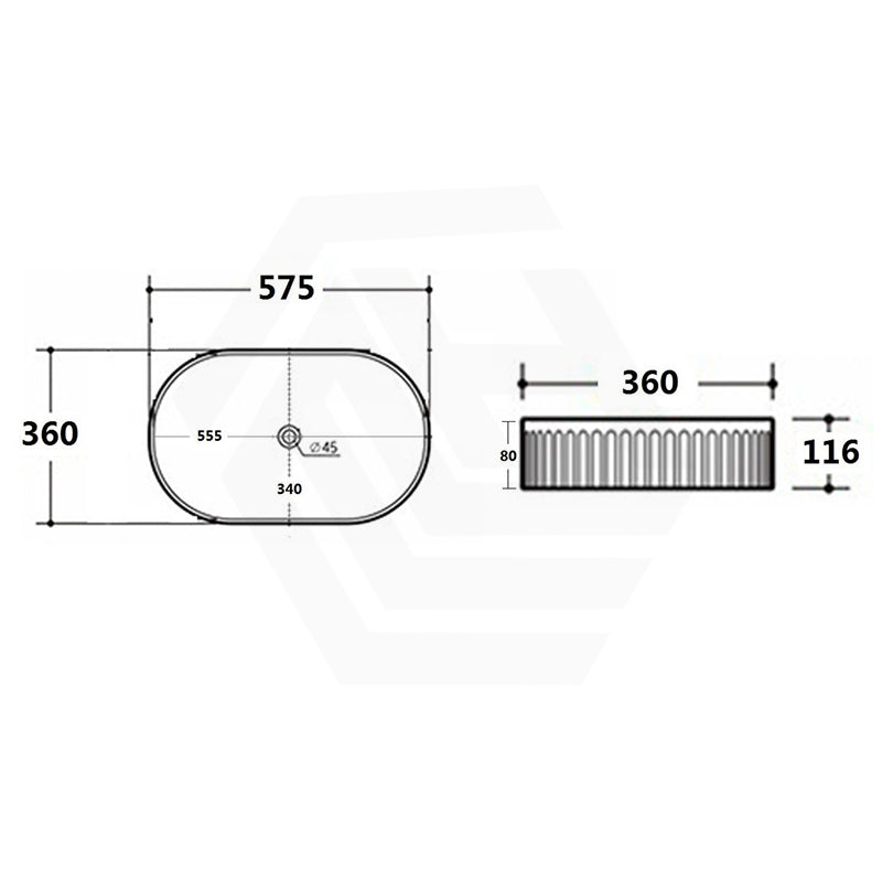 Lukka Ellips Flueted Oval Above Counter Ceramic Basin 490/575mm - Variant Colour Available