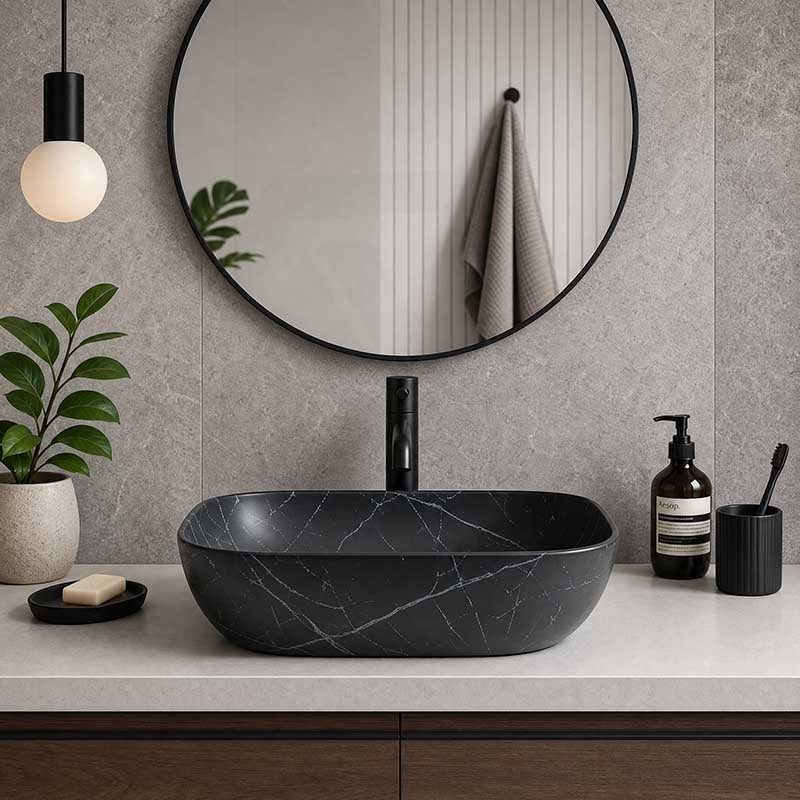 Lukka Ellips Above Counter Ceramic Basin 460×320×137mm - Matt Marble Black