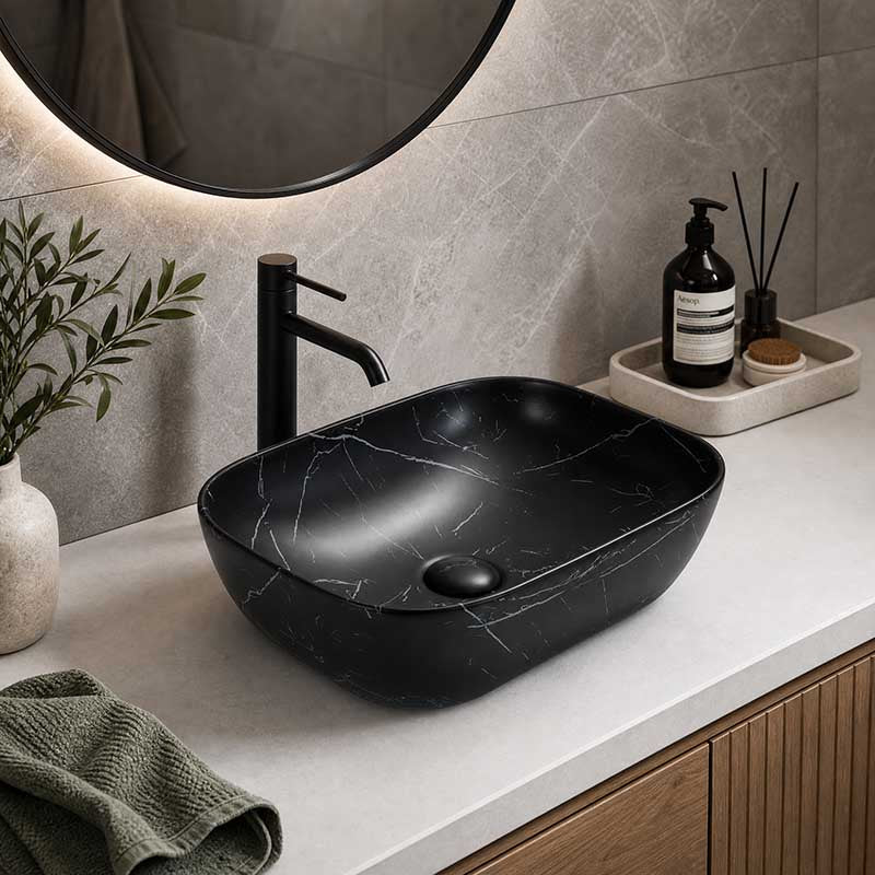 Lukka Ellips Above Counter Ceramic Basin 460×320×137mm - Matt Marble Black
