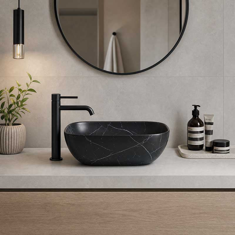 Lukka Ellips Above Counter Ceramic Basin 460×320×137mm - Matt Marble Black