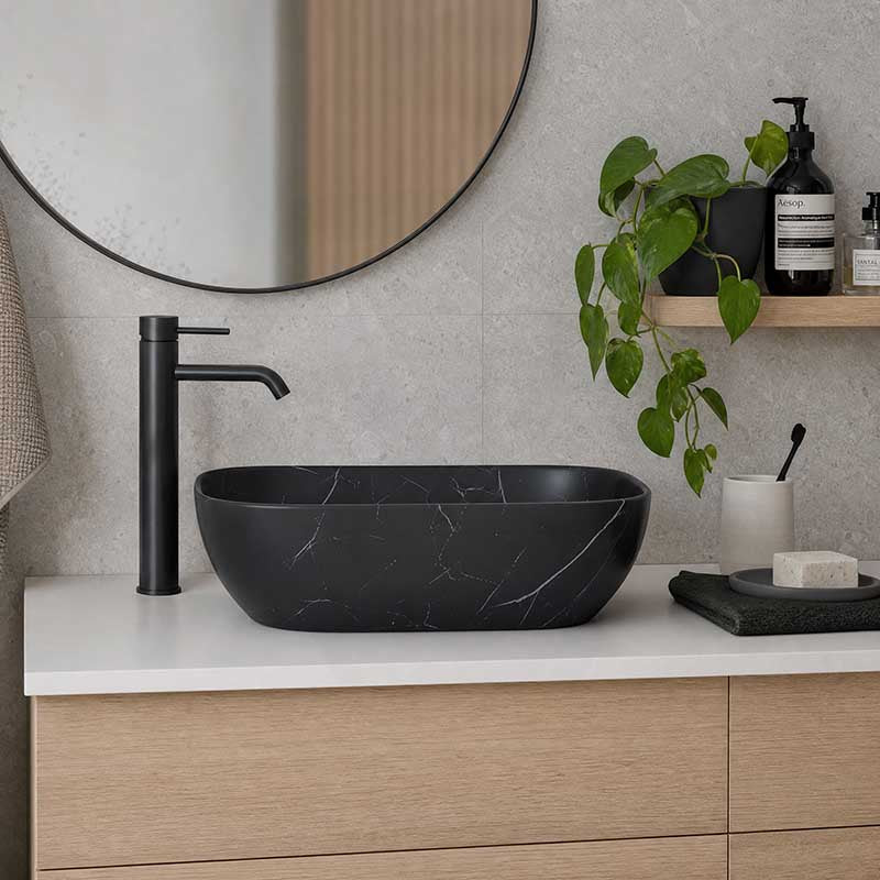 Lukka Ellips Above Counter Ceramic Basin 460×320×137mm - Matt Marble Black