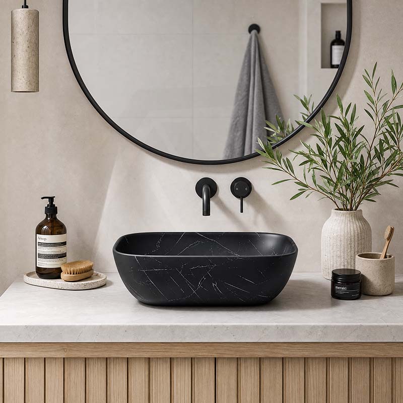 Lukka Ellips Above Counter Ceramic Basin 460×320×137mm - Matt Marble Black
