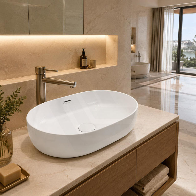 Lukka Ellips Oval Above Counter Ceramic Basin with Overflow 490/610mm - Gloss/Matt White