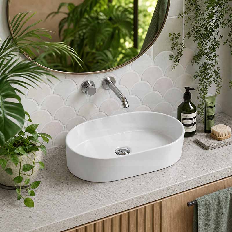 Lukka Ellips Oval Above Counter Ceramic Basin 525x300x110mm Variant Colour Available