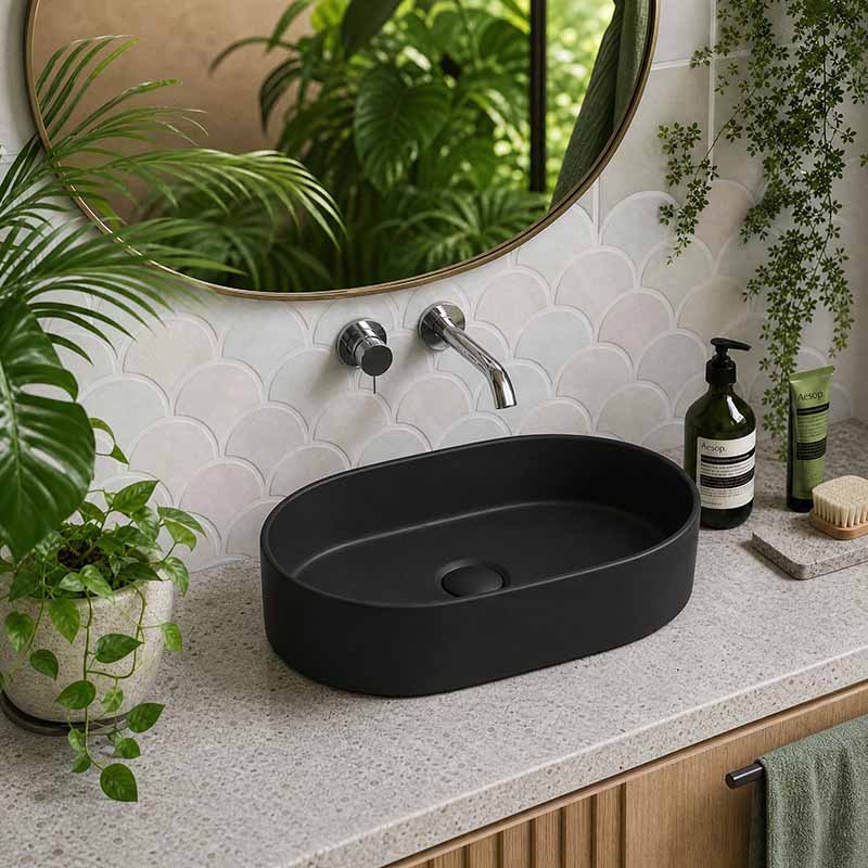 Lukka Ellips Oval Above Counter Ceramic Basin 525x300x110mm Variant Colour Available