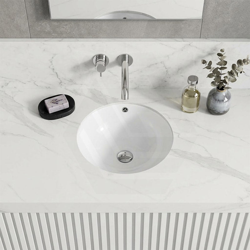 Lukka Round Ceramic Under Counter Basin with Overflow 340x340x200mm - Gloss White