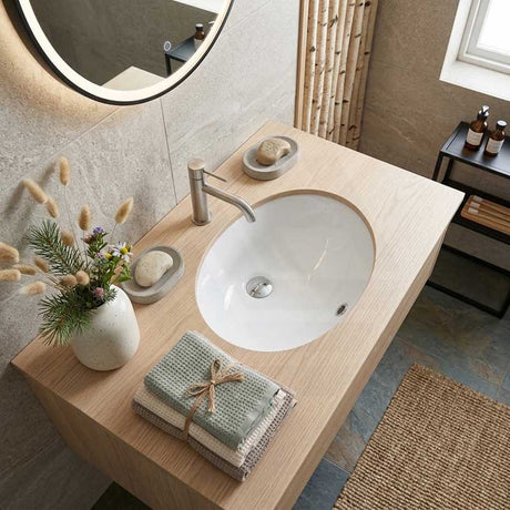 Lukka Oval Under Mount Ceramic Basin with Overflow 460x393x200mm - Gloss White