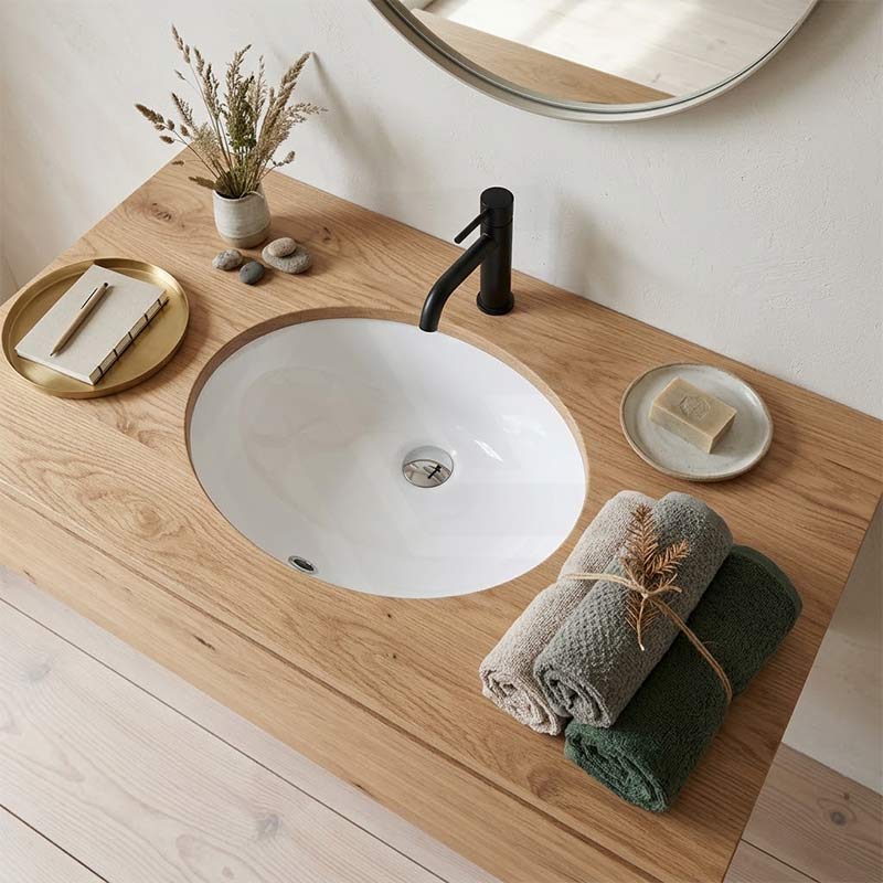 Lukka Oval Under Mount Ceramic Basin with Overflow 460x393x200mm - Gloss White