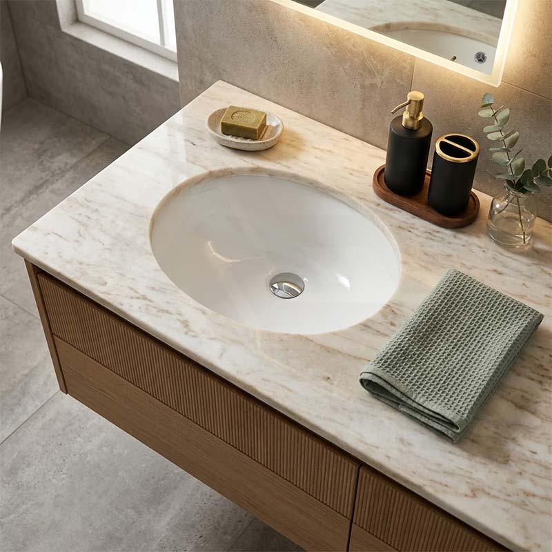 Lukka Oval Under Mount Ceramic Basin with Overflow 460x393x200mm - Gloss White