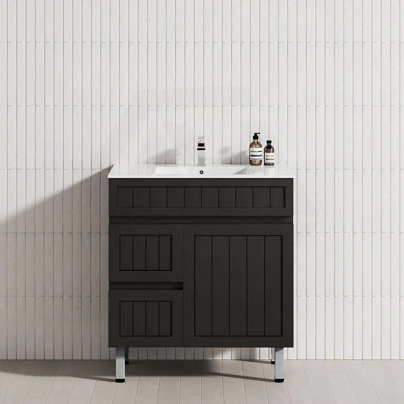 Lukka 750mm Archill Freestanding With Legs Vanity PVC Board Matt Black Linear Surface Left Hand Drawers