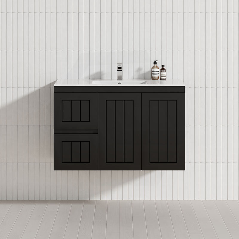 600-900mm Lukka Narrow Archill Federation Wall Hung Vanity PVC Board Matt White/Black Linear Surface Cabinet ONLY & Ceramic Top Available