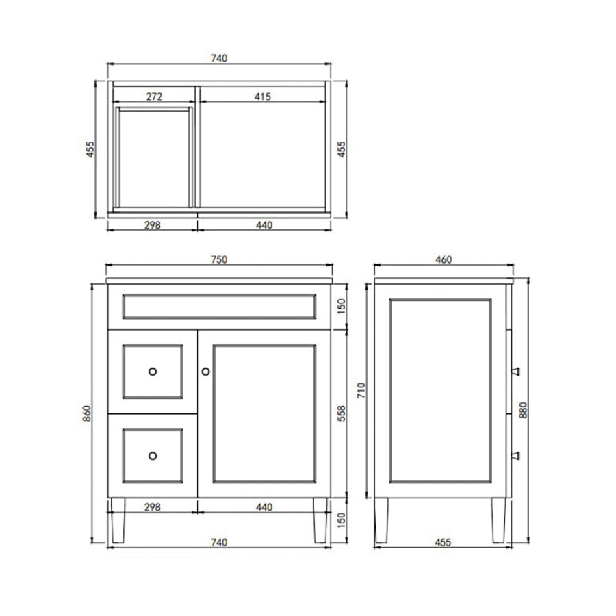 Lukka Harold Federation 600-1500mm Matt Black/White PVC Freestanding Vanity with Legs