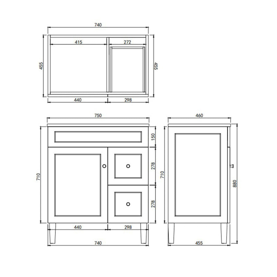 Lukka Harold Federation 600-1500mm Matt Black/White PVC Freestanding Vanity with Legs