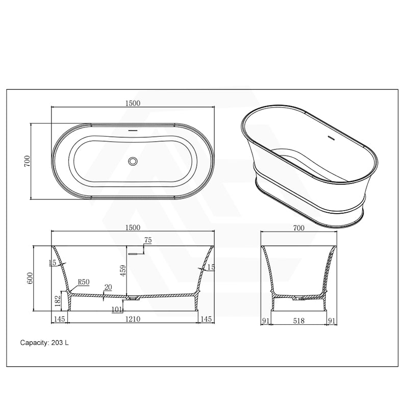 Lukka Harold Oval Solid Surface Stone Freestanding Bathtub with Overflow 1500/1700mm - Matt White