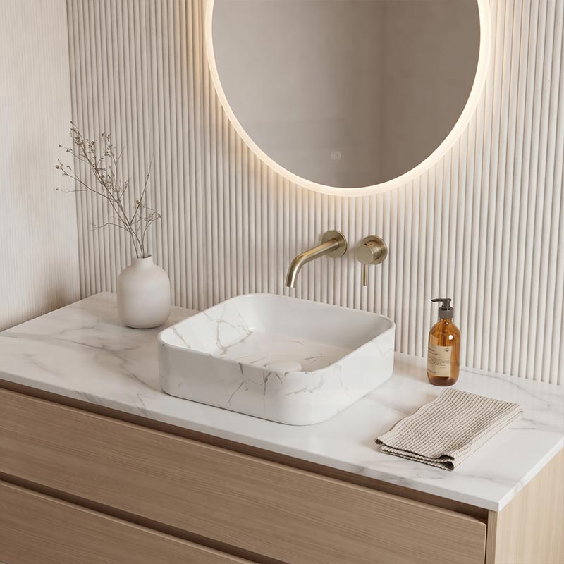 Lukka Kliff Square Fine Ceramic Above Counter Basin No Overflow 370x370x110mm - Matt Marble White