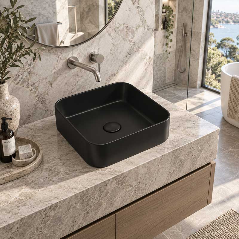 Lukka Kliff Square Fine Ceramic Above Counter Basin No Overflow 370x370x110mm - 3 Colours