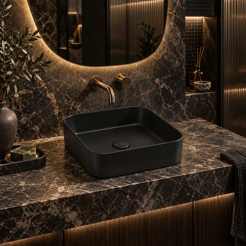 Lukka Kliff Square Fine Ceramic Above Counter Basin No Overflow 370x370x110mm - 3 Colours