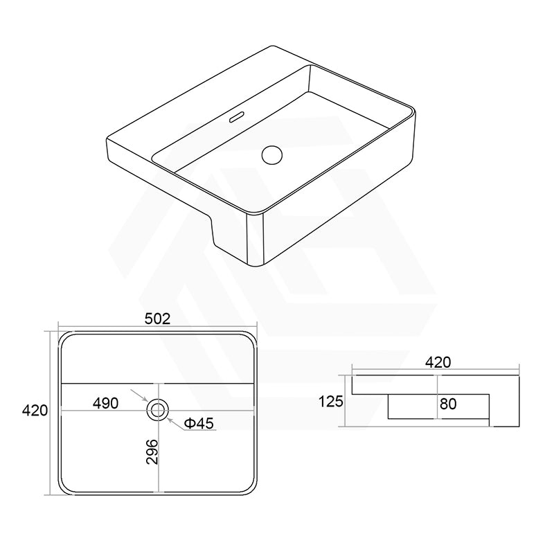 Lukka Kliff 505x420x130mm Fine Ceramic Gloss White Semi-Recessed Basin with Overflow