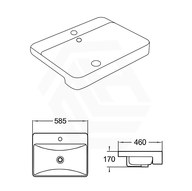 Lukka Kliff 585x460x170mm Gloss White Semi Recessed Ceramic Basin with Overflow and Tap Hole