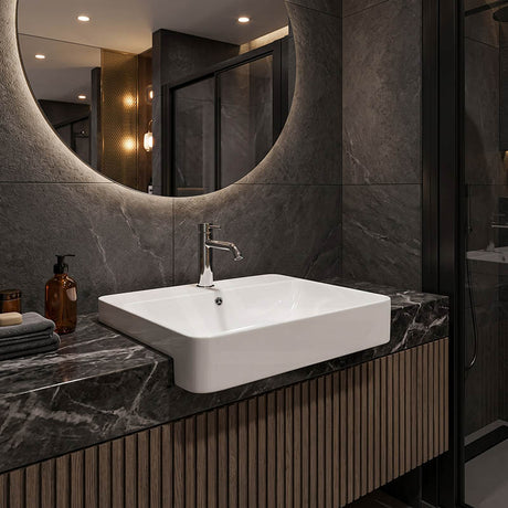 Lukka Kliff Semi Recessed Ceramic Basin with Overflow and Tap Hole 585x460x170mm - Gloss White