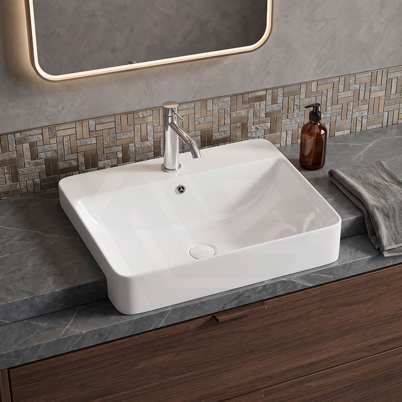 Lukka Kliff Semi Recessed Ceramic Basin with Overflow and Tap Hole 585x460x170mm - Gloss White