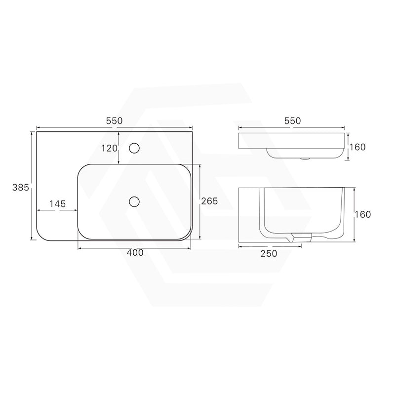 Lukka Kontura Ceramic Wall Hung Basin Left/Right Hand Bowl with Overflow 550/600mm - Gloss White