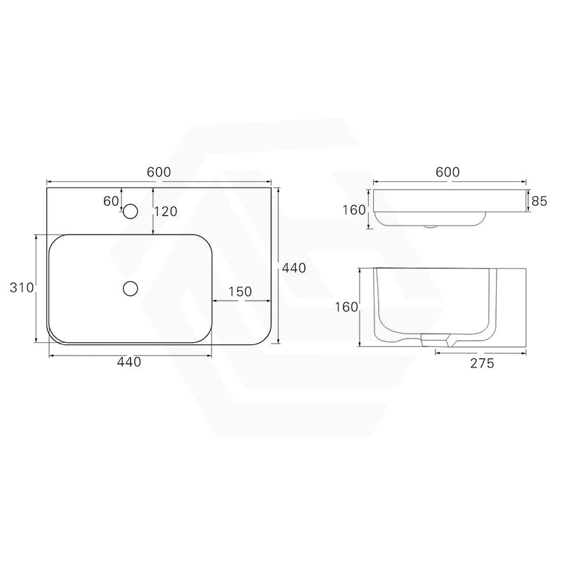 Lukka Kontura Ceramic Wall Hung Basin Left/Right Hand Bowl with Overflow 550/600mm - Gloss White
