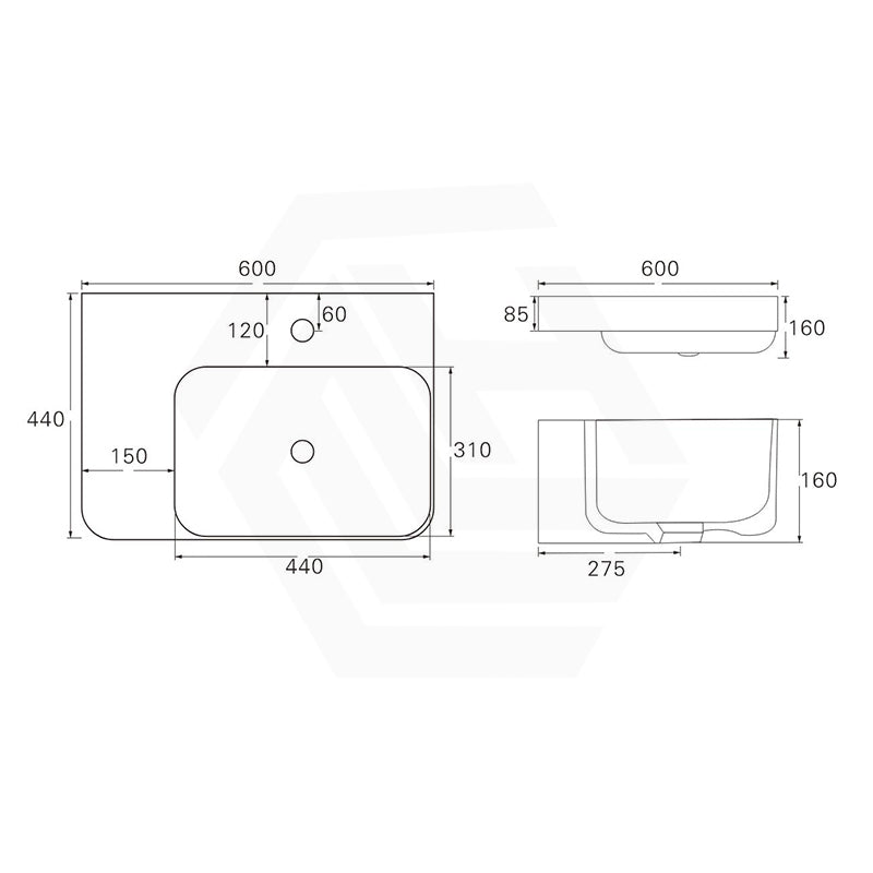 Lukka Kontura Ceramic Wall Hung Basin Left/Right Hand Bowl with Overflow 550/600mm - Gloss White