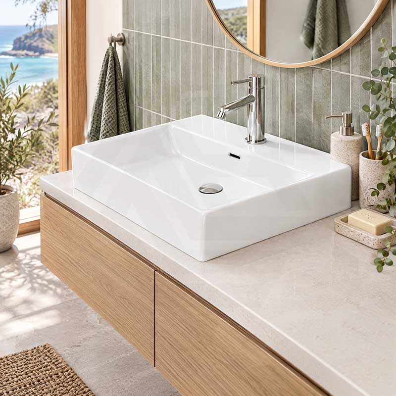 Lukka Above Counter / Wall Hung Rectangle Ceramic Basin with Tap Hole 605x425x130mm - Gloss White